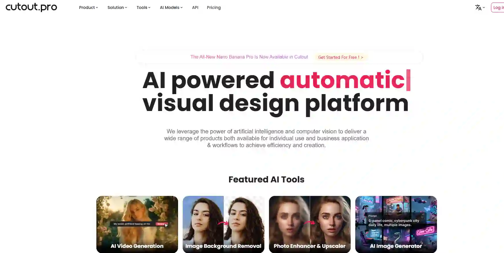 Cutout.pro interface inside an all-in-one visual AI suite; an app to remove text from image alongside background removal and enhancement features for content creators.