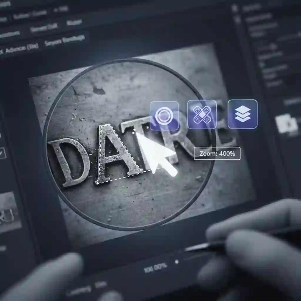 Photoshop interface illustrating professional workflow used to photoshop remove text from image, with layers, selections, and non-destructive editing tools configured for precise cleanup and natural background reconstruction.