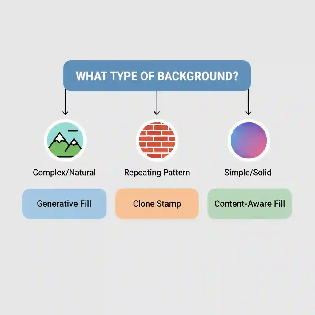 Decision framework for selecting tools; learn when AI, Content‑Aware Fill, or Clone Stamp best remove text from image photoshop depending on background complexity, repeating patterns, gradients, and object‑edge proximity.