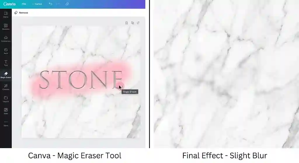 Before and after sample showing Canva Magic Eraser used to remove text from image ai free, with smooth background restoration integrated into ongoing design work for social posts and marketing materials.