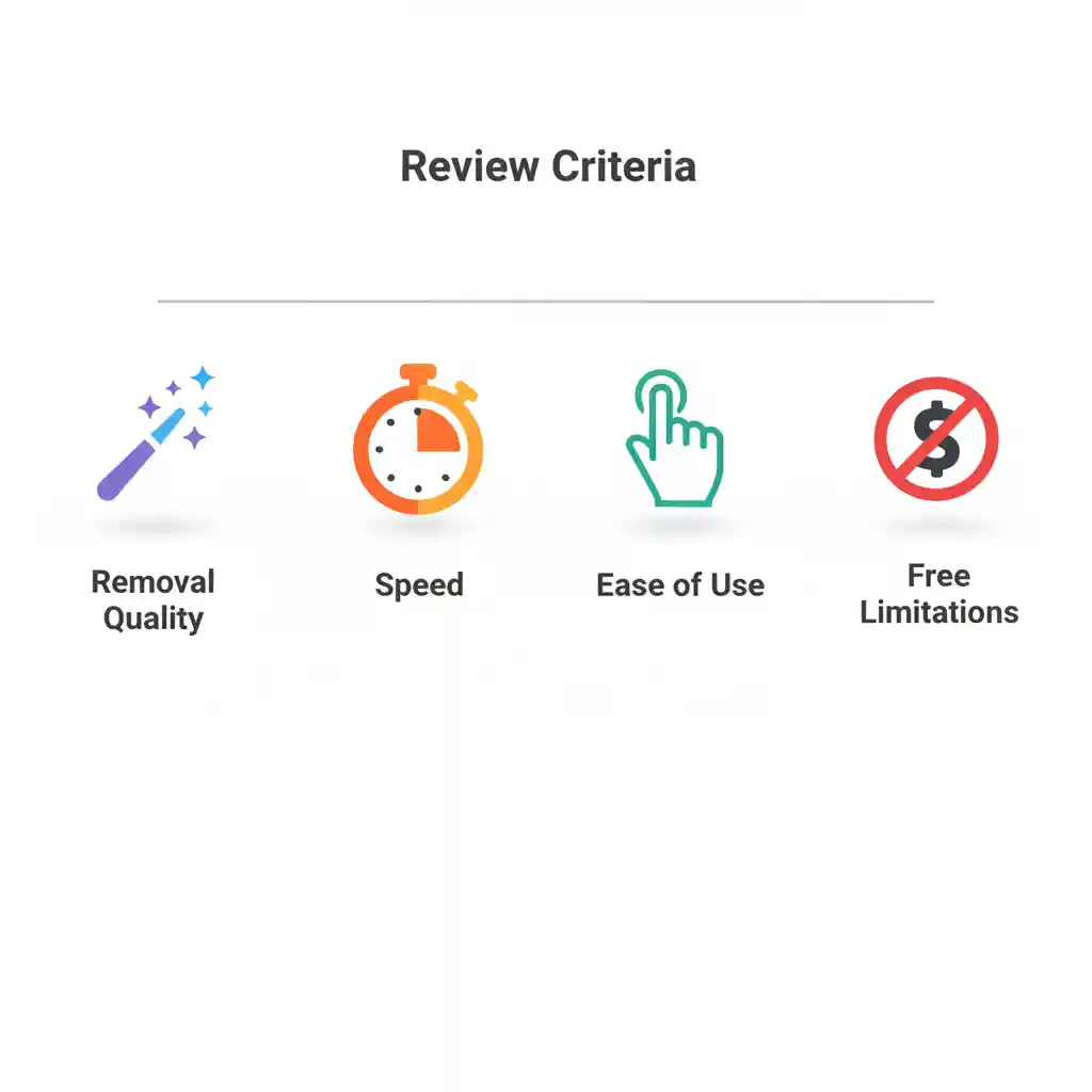 Visual checklist of review criteria for tools that remove text from image ai free, including removal quality, processing speed, ease of use, and free limitations like watermarks or resolution caps affecting download clarity.