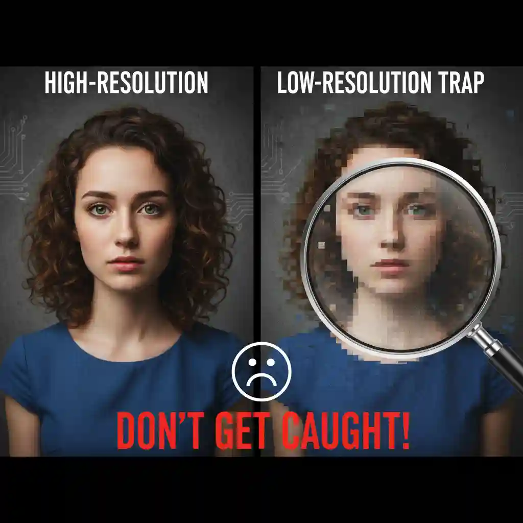 Warning graphic about low-resolution download traps in some services that claim to remove text from image ai free, reminding users to verify output quality and avoid pixelated results or forced sign-in tricks.