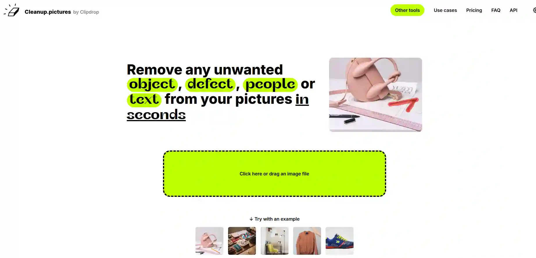 Cleanup.pictures minimalist interface applying the beardless filter, emphasizing quick object removal brushes, precise edge handling, and fast turnaround for erasing captions without visible smears or ghosting artifacts.