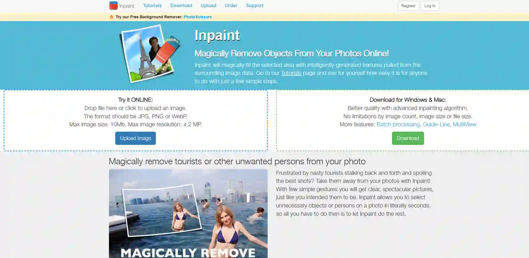 Inpaint classic retouching tool demonstrated with the beardless filter; manual control rebuilds texture accurately, enabling pixel-level text removal on walls, skies, and grass without blotchy patterns or mismatched shading.
