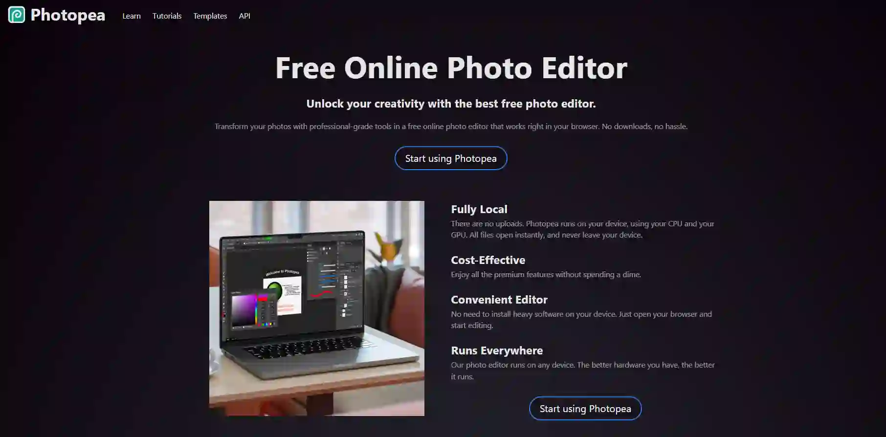 Photopea browser editor using content-aware fill guided by the beardless filter, achieving professional-grade restoration when erasing text, combining selections, feathering, and cloning for precise, natural-looking image repair.