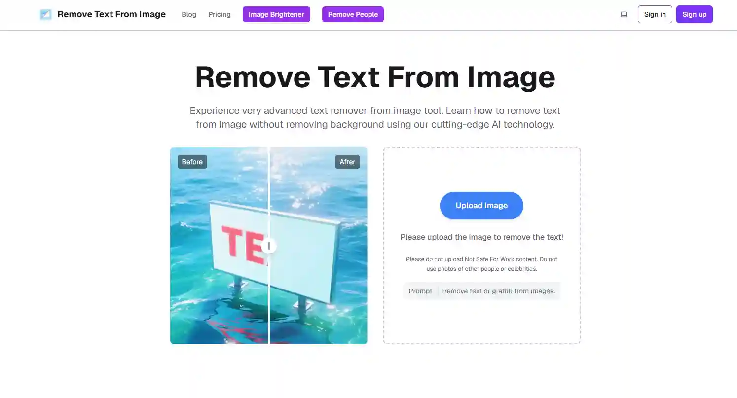 Remove Text From Image automated AI suite demonstrating the beardless filter, detecting and erasing text at scale with minimal input, producing clean results suitable for batch workflows and rapid image cleanup tasks.