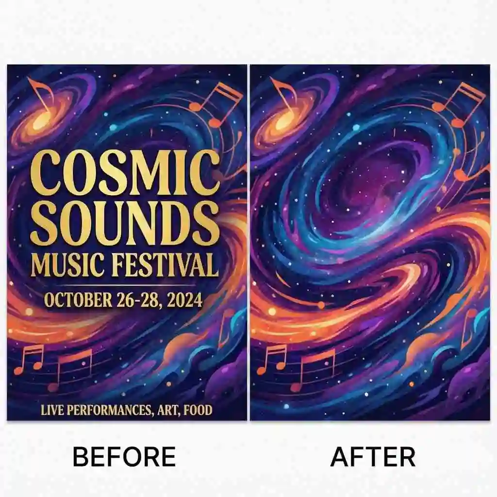 Design reuse example illustrates can ai remove text from an image by clearing poster slogans, yielding a clean background ready for new typography or layout.