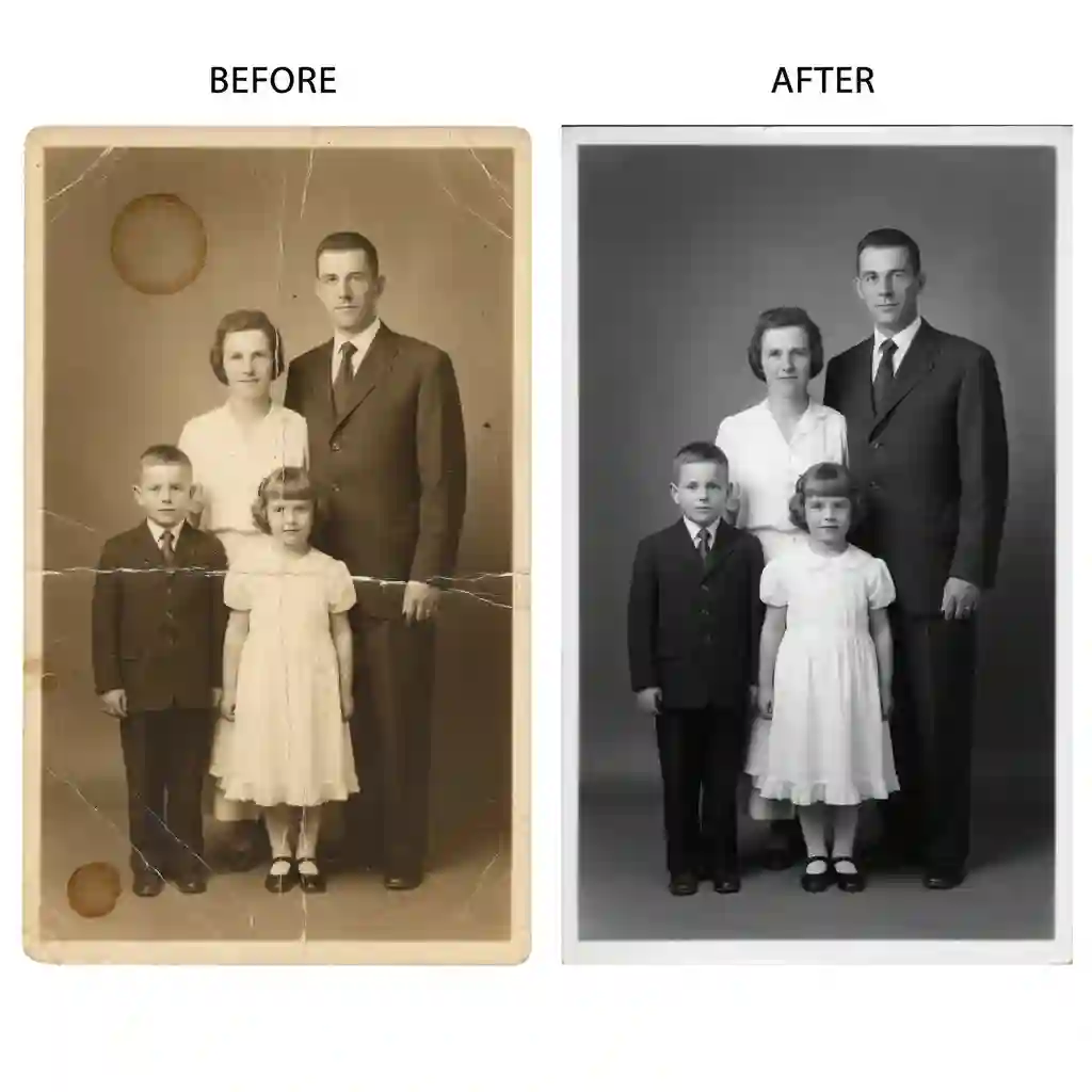 Restoration example proves can ai remove text from an image and repair scratches, recreating textures and color gradients for archival-quality digital images.
