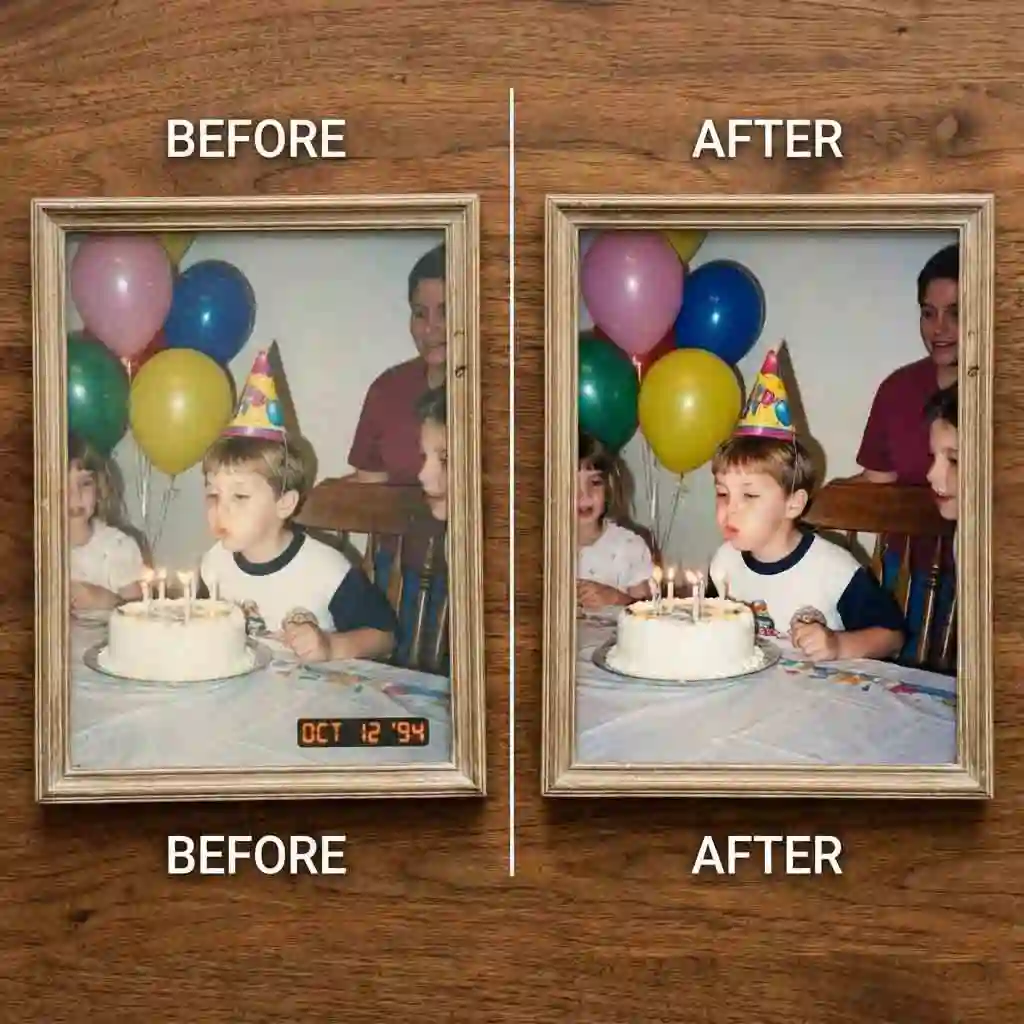 Case study demonstrates can ai remove text from an image by eliminating date stamps while restoring film grain, tonal balance, and subtle background elements.