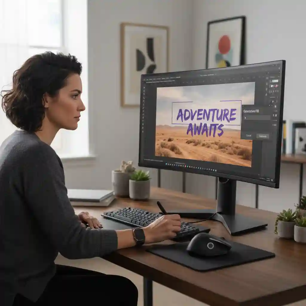 Photoshop Generative Fill example related to how to remove text from images, highlighting editable selections and prompt-based control that complements automated AI cleanup for more complex design scenarios.