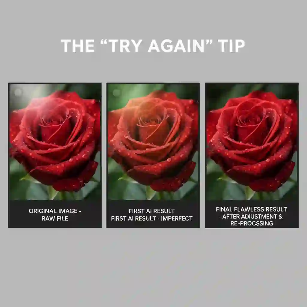 Workflow tip illustrating how to remove text from images better by trying alternate crops or brightness adjustments, reprocessing for improved AI analysis that yields cleaner edges and more natural reconstruction.