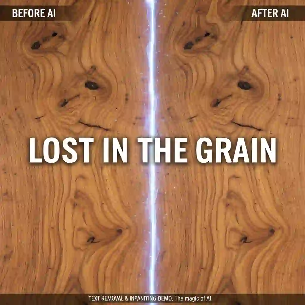 Zoomed detail showing how to remove text from images while maintaining fine textures, where AI reconstructs wood grain and gradients seamlessly to avoid smudging artifacts or unnatural patches across the repaired area.