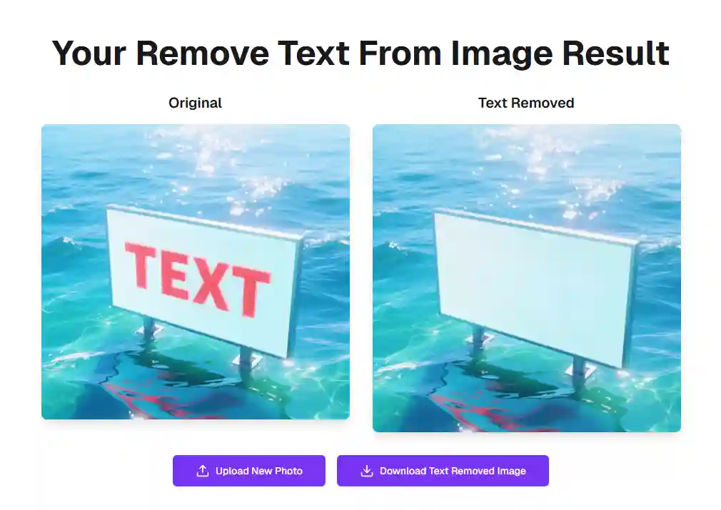 Step three of how to remove text from images: preview and download, confirming the AI has reconstructed textures and edges accurately, delivering professional cleanup results suitable for social media, product photos, and documents.